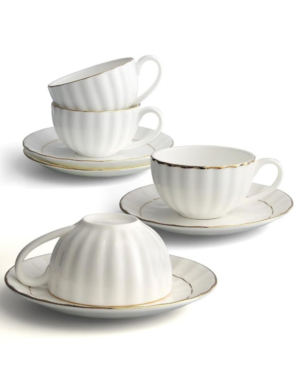 Elegant Bone China Tea Cup & Saucer Set with Gold Trim - Set of 4 (6.09oz)